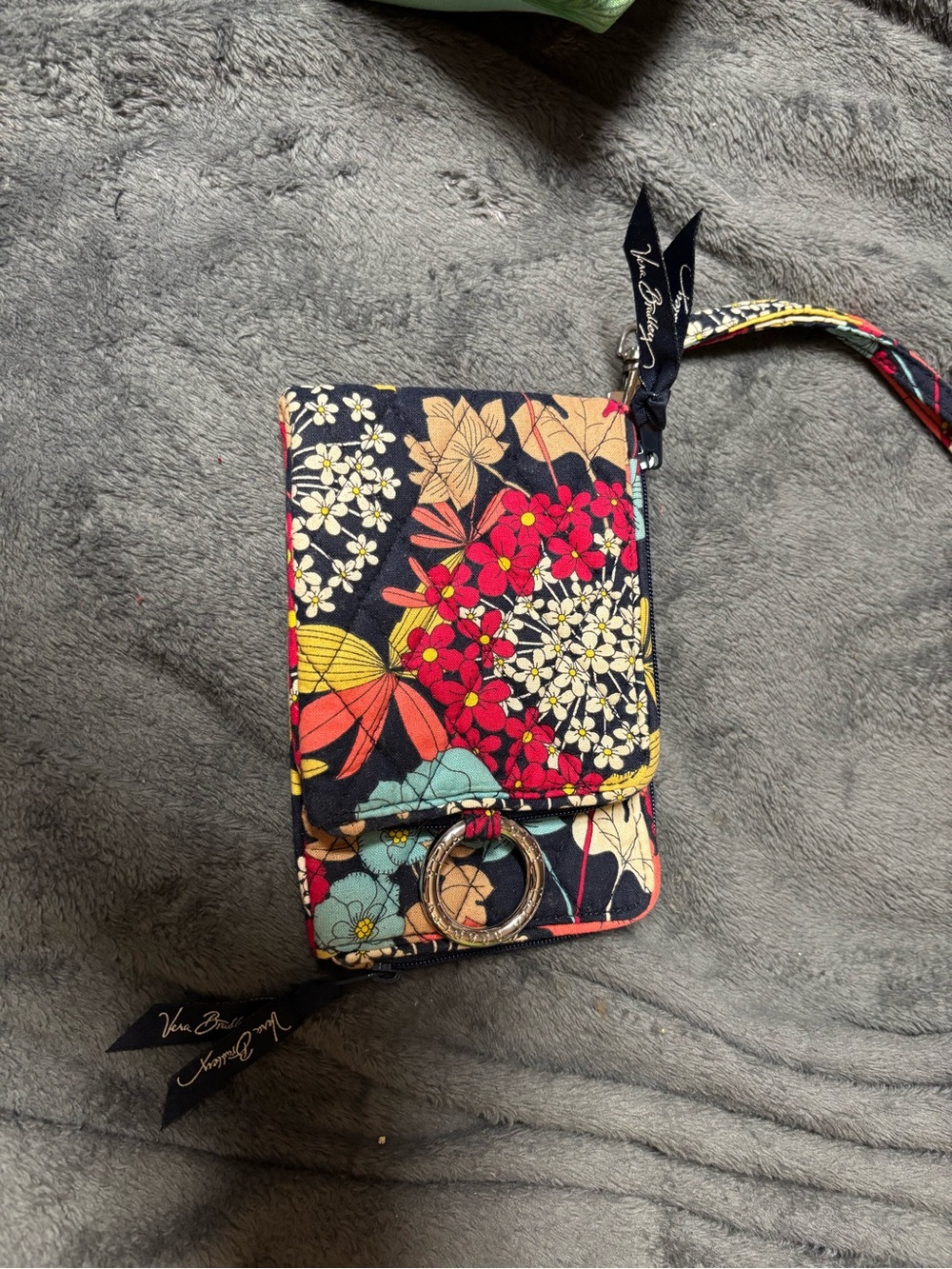 Vera Bradley Navy Floral Quilted Wristlet Crossbody with Red & Yellow Blooms